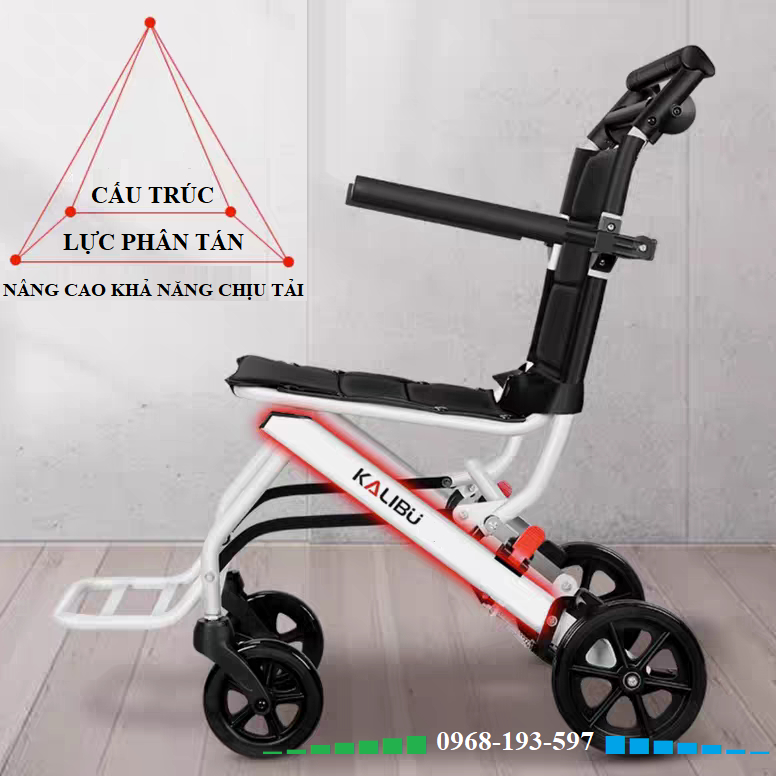 Xe lăn gấp gọn KALIBU, xe lăn du lịch xách tay nhẹ nhàng cho người già, người bệnh - BẢN CAO CẤP CÓ PHANH TAY SAU