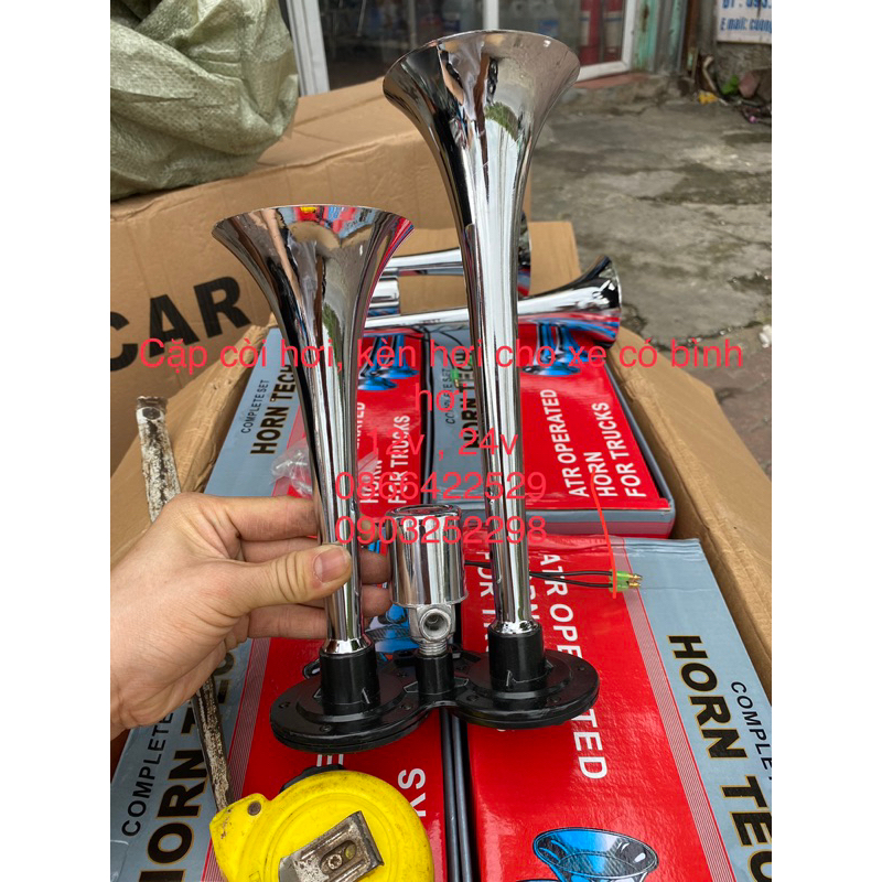Còi hơi,cặp kèn hơi inox 12v 24v cho xe có bình hơi kèm nhại dài tầm 30cm, xe nào không có bình hơi chọn thêm mô tơ