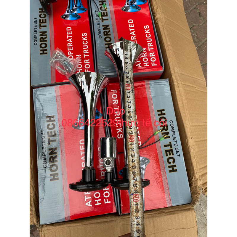 Còi hơi,cặp kèn hơi inox 12v 24v cho xe có bình hơi kèm nhại dài tầm 30cm, xe nào không có bình hơi chọn thêm mô tơ