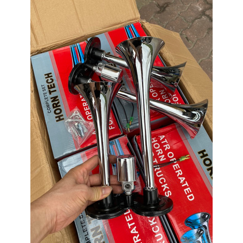 Còi hơi,cặp kèn hơi inox 12v 24v cho xe có bình hơi kèm nhại dài tầm 30cm, xe nào không có bình hơi chọn thêm mô tơ