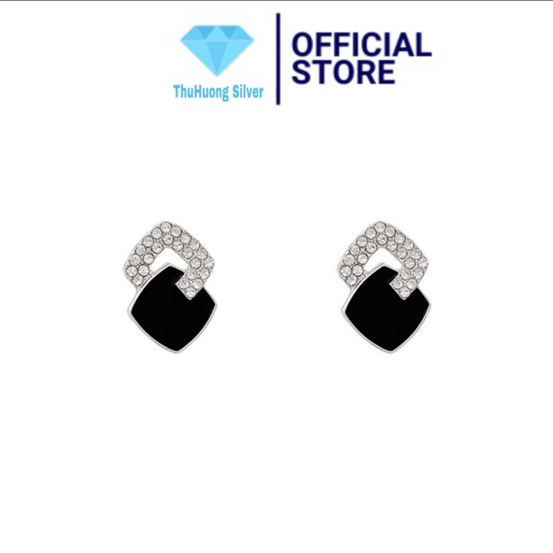 Bông tai nữ THJ - Bông tai vuông sơn đen đính đá cá tính chuẩn bạc ta - THJ SILVER