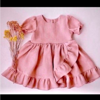 Váy Hồng xòe tay bồng bèo gấu babydoll cho bé gái Lamm