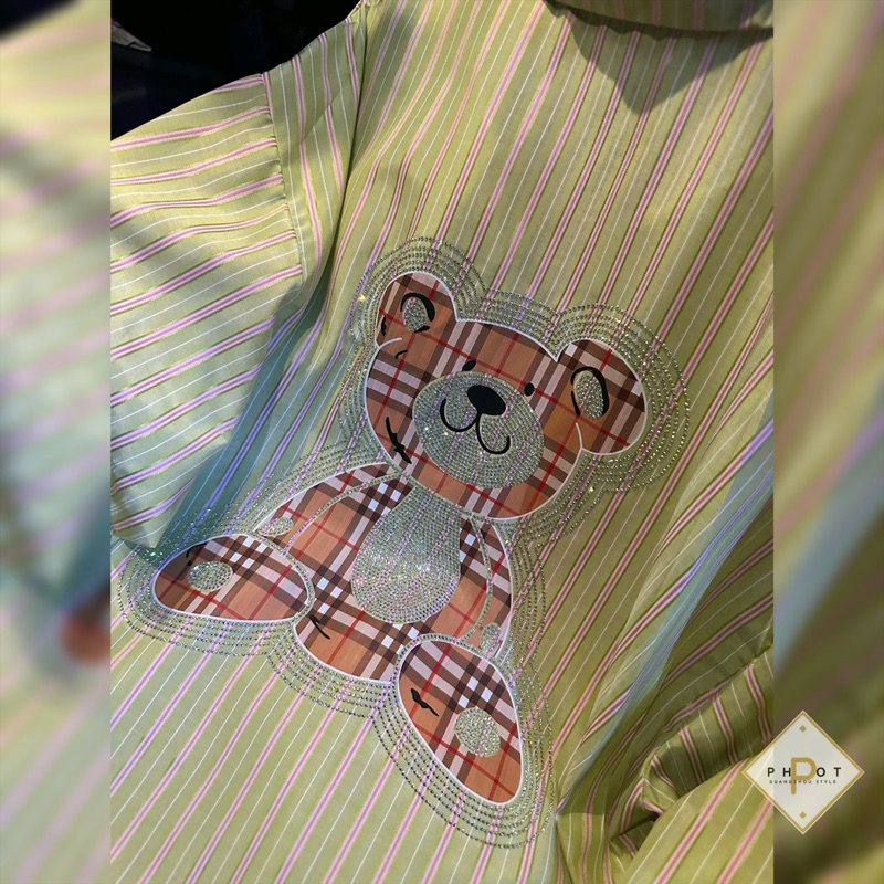 Áo Sơmi Kẻ Xanh Cốm Gấu Đá Lưng QC L1