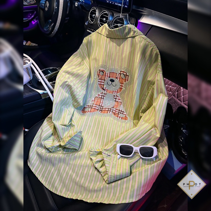 Áo Sơmi Kẻ Xanh Cốm Gấu Đá Lưng QC L1