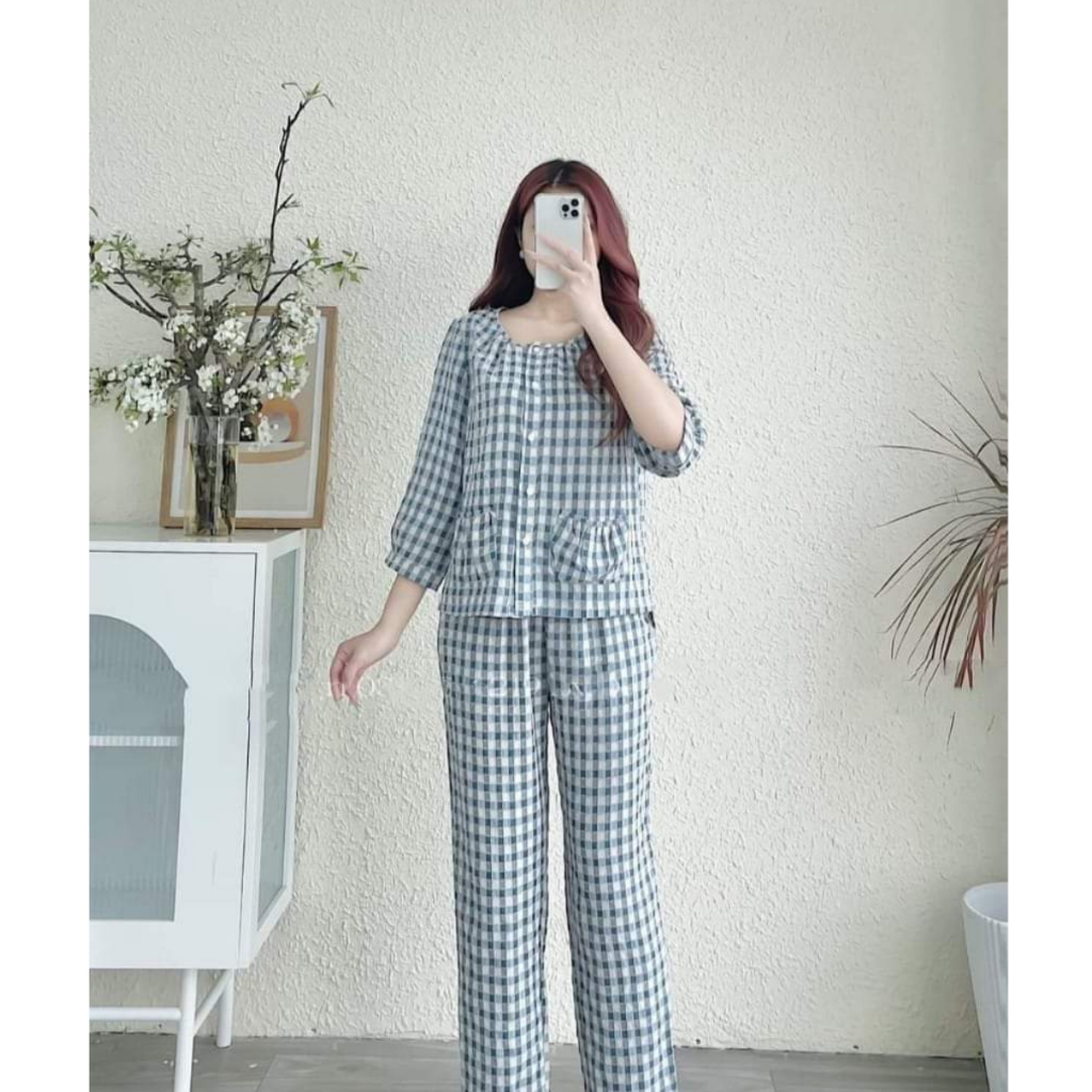 Bộ Đồ Nữ.Đồ Ngủ Mặc Nhà Slarosa Chất Kẻ Thô Mềm Mịn Tay Dài Quần Có Túi Sâu,Không Bai Dão Không Xù