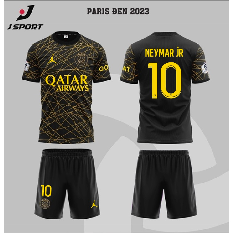 Bộ quần áo bóng đá PSG x Jordan đen sọc vàng sân khách 2024 in tên Neymar số 10
