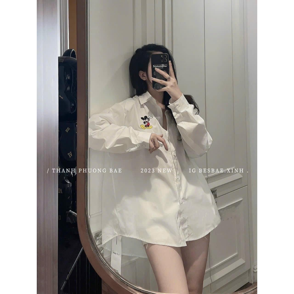 Áo sơ mi thêu mickey vạt tôm dáng rộng dài 2 màu (kèm ảnh thật và video)