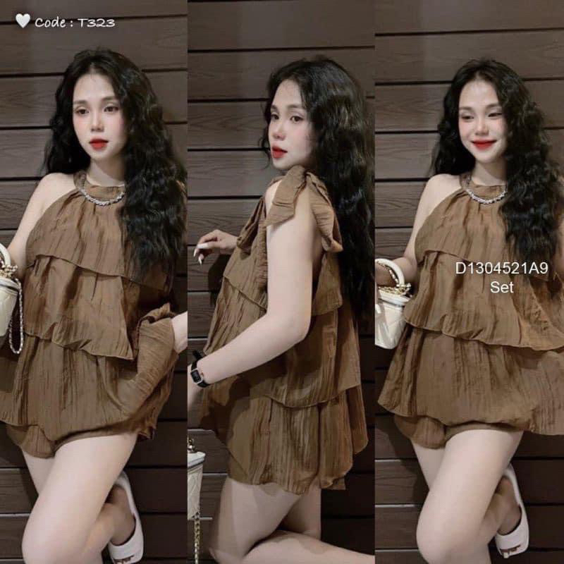 Sét đũi tơ nữ cổ yếm bèo tầng, Sét áo yếm thắt nơ kèm quần chất đũi siêu mềm mát form rộng đẹp