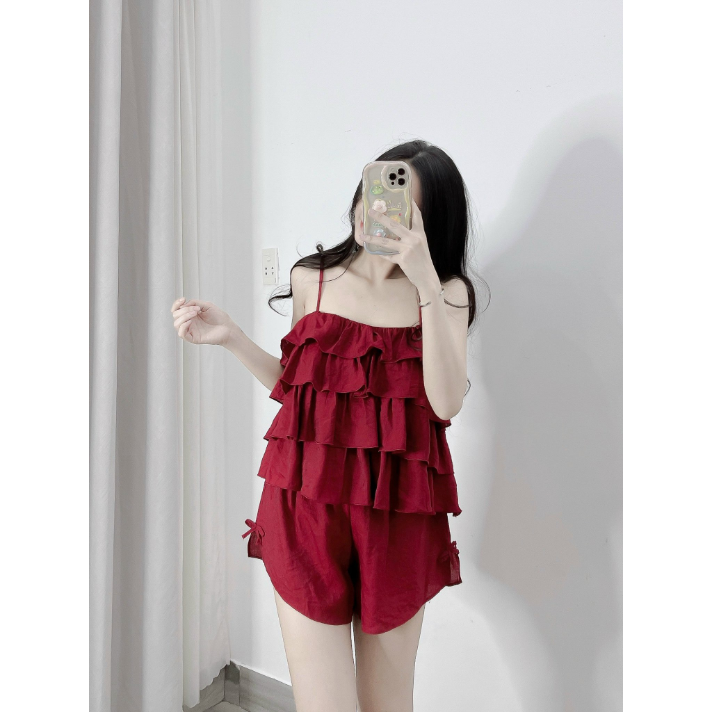 Đồ ngủ 2 dây tầng vải đũi, bộ đồ mặc nhà dễ thương có lót mềm mát thấm mồ hôi DN141