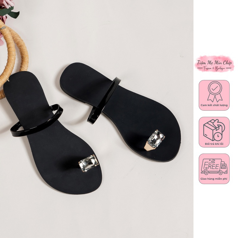 Dép bệt xỏ ngón đen bạc đính đá 1 quai ngang - KÈM ẢNH THẬT