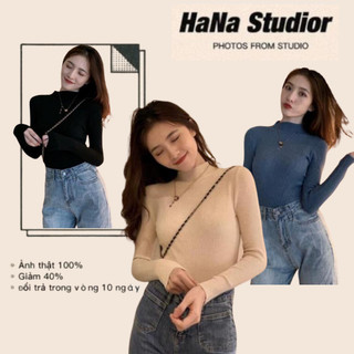 Áo cổ lọ len tăm nữ thu đông dài tay cổ cao chất thun co giãn