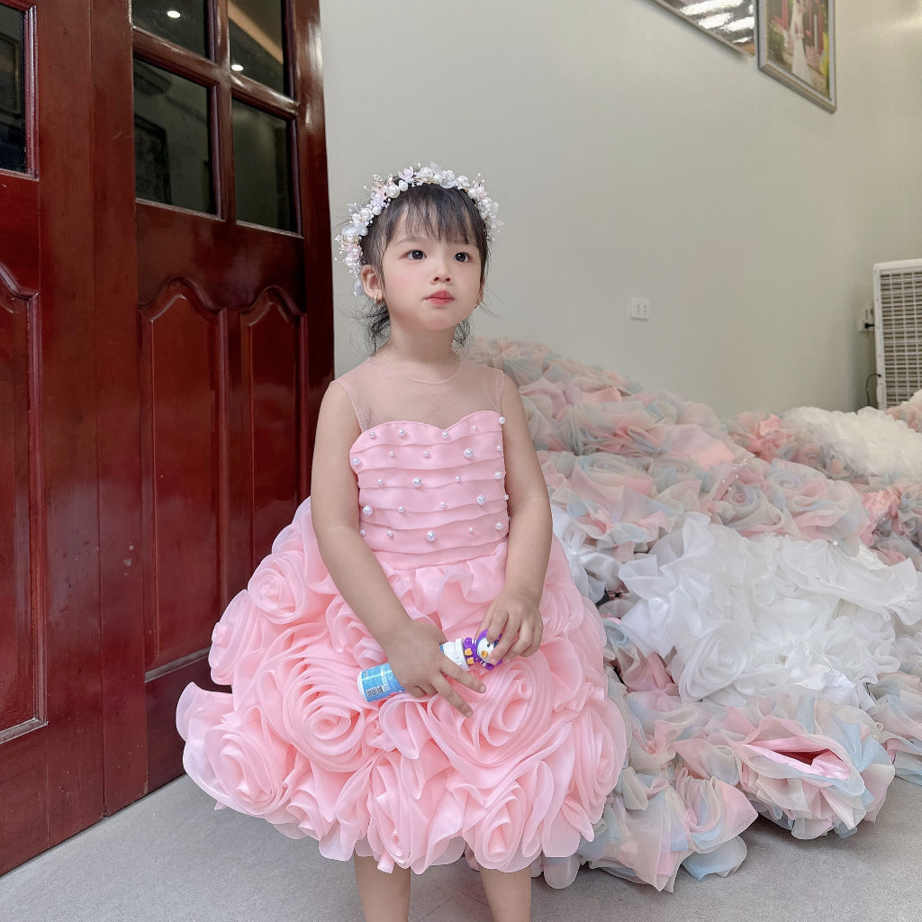 Váy công chúa, đầm công chúa cho bé gái siêu nhiều hoa hồng xinh yêu tặng kèm nơ cài tóc cho bé gái