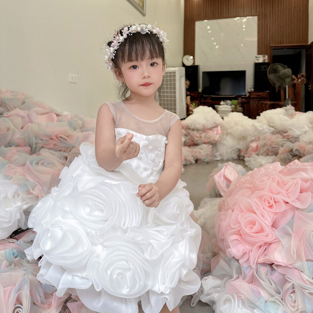 Váy công chúa, đầm công chúa cho bé gái siêu nhiều hoa hồng xinh yêu tặng kèm nơ cài tóc cho bé gái