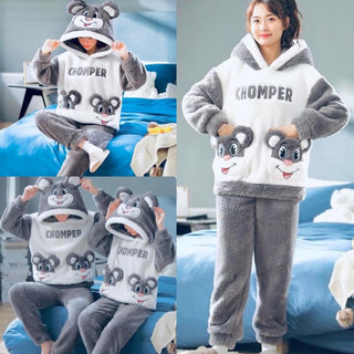  Bộ ngủ lông cừu mũ tai gấu thêu gấu trắng CHOMPER form rộng màu xám sét áo hoodie lông mượt mà thể thao nam nữ ulzzang 