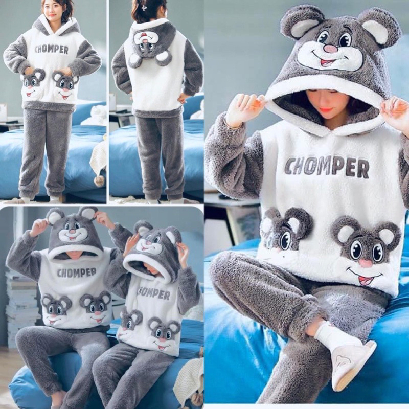 Bộ ngủ lông cừu mũ tai gấu thêu gấu trắng CHOMPER form rộng màu xám, sét áo hoodie lông mượt mà thể thao nam nữ ulzzang