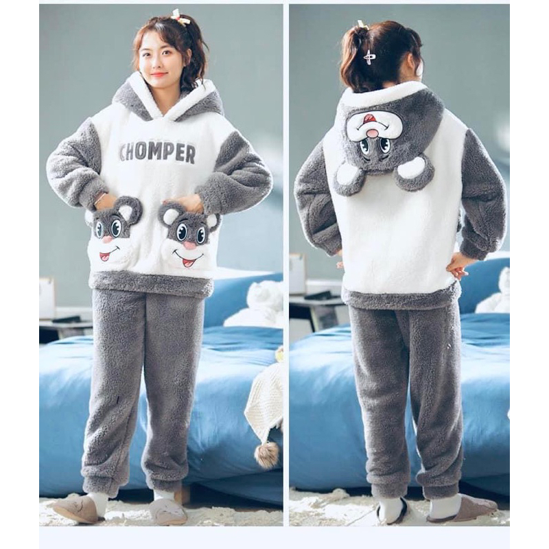 Bộ ngủ lông cừu mũ tai gấu thêu gấu trắng CHOMPER form rộng màu xám, sét áo hoodie lông mượt mà thể thao nam nữ ulzzang