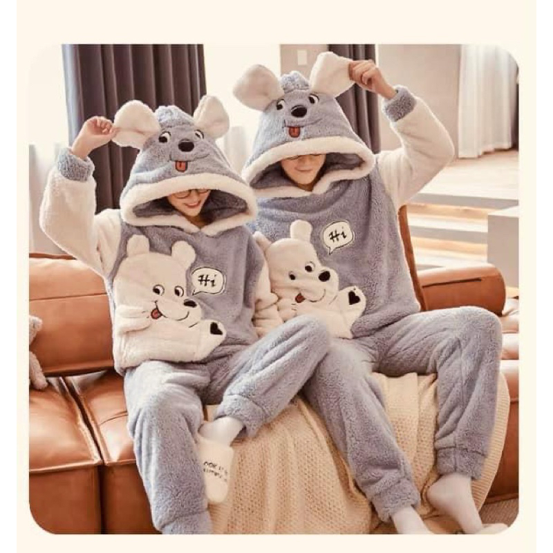 Bộ ngủ lông cừu mũ tai gấu thêu gấu trắng CHOMPER form rộng màu xám, sét áo hoodie lông mượt mà thể thao nam nữ ulzzang