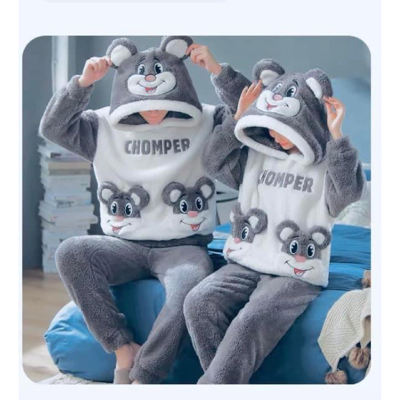 Bộ ngủ lông cừu mũ tai gấu thêu gấu trắng CHOMPER form rộng màu xám, sét áo hoodie lông mượt mà thể thao nam nữ ulzzang