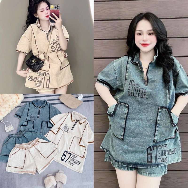 Set áo bò ngắn tay cổ bẻ kèm quần short ống rộng cạp cao phối viền in chữ số 67, áo jean nữ ngắn tay chất bò mềm xanh be