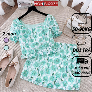 Set đồ bộ bigsize nữ dự tiệc đi chơi kiểu cổ vuông nút bọc MON big size 50 - 90kg