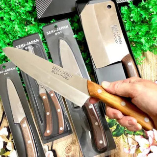 Bộ 4 Dao bếp Nhật Bản SEKI-JAPAN cao cấp Dao chặt xương Seki cán gỗ lưỡi thép không gỉ chính hãng