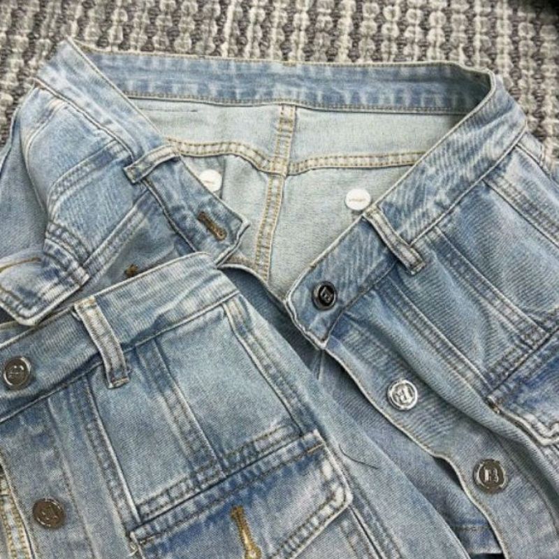 Set váy jean áo cộc tay kèm chân váy chữ A Jocasta set váy chất liệu jean mềm kèm túi zip sang trọng hottrend