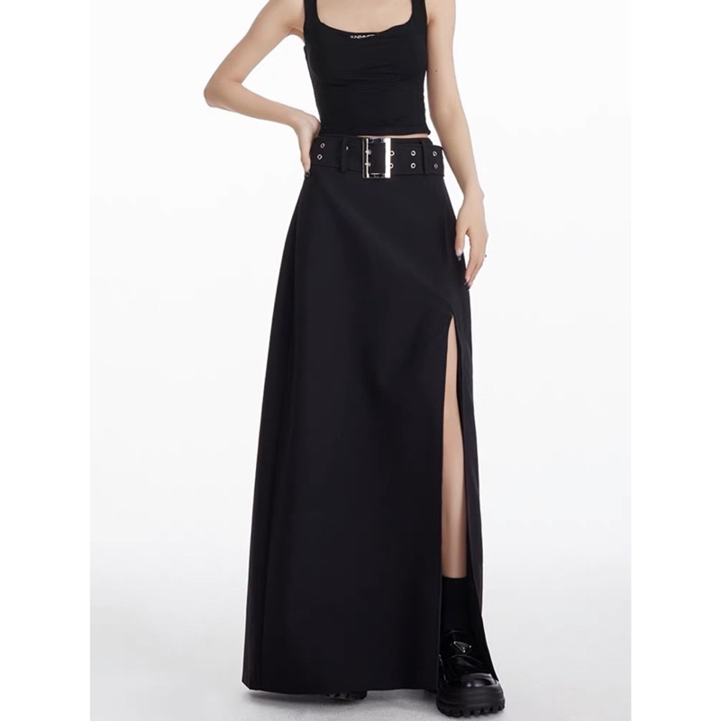 Chân váy dài ulzzang khoen vuông xẻ bên