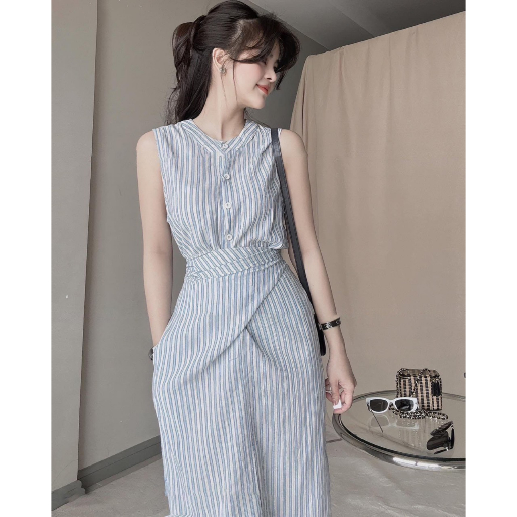 Váy kẻ thiết kế tà lệch buộc eo V174