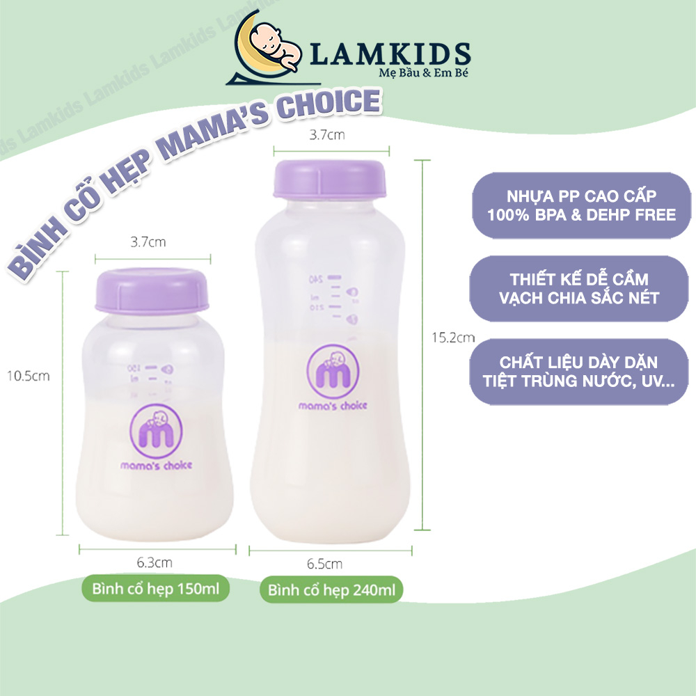 Bình Trữ Sữa Cổ Hẹp Mama's Choice Dung Tích 150ml–240ml Tương Thích Các Loại Máy Hút Sữa Cổ Hẹp