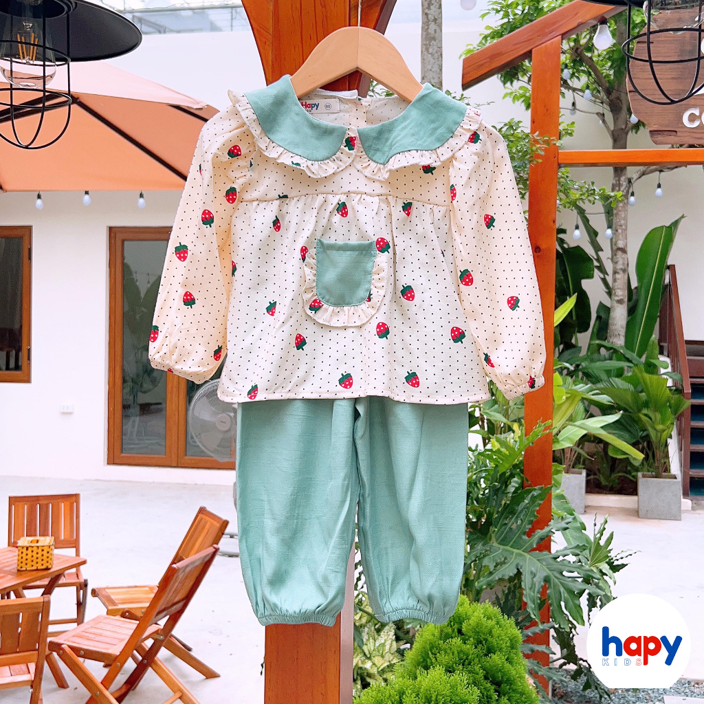 Đồ bộ dài tay cho bé gái từ 9 tháng đến 6 tuổi. Bộ bé gái dài tay thu đông chất đũi thương hiệu Hapykids 23.TD01