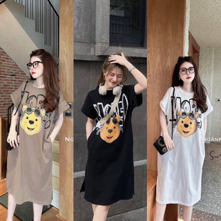 Đầm suông nữ - VÁY SUÔNG GẤU cánh dơi cổ tròn form rộng túi eo hoạt tiết gấu siêu xinh