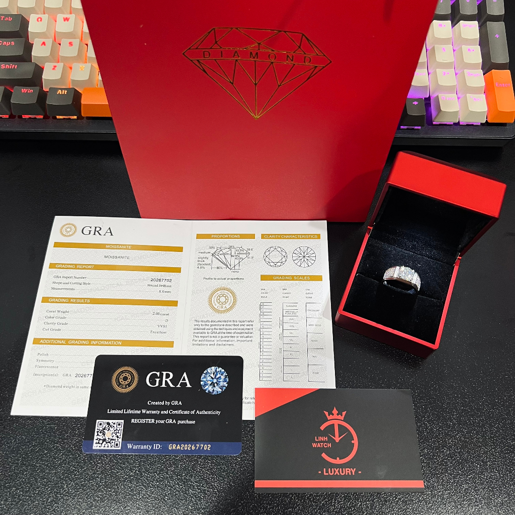 Nhẫn bạc nam kim cương Moissanite 8mm xi bạch kim Freesize, kiểm định GRA sang trọng NNAM001 - Linh Watch Luxury