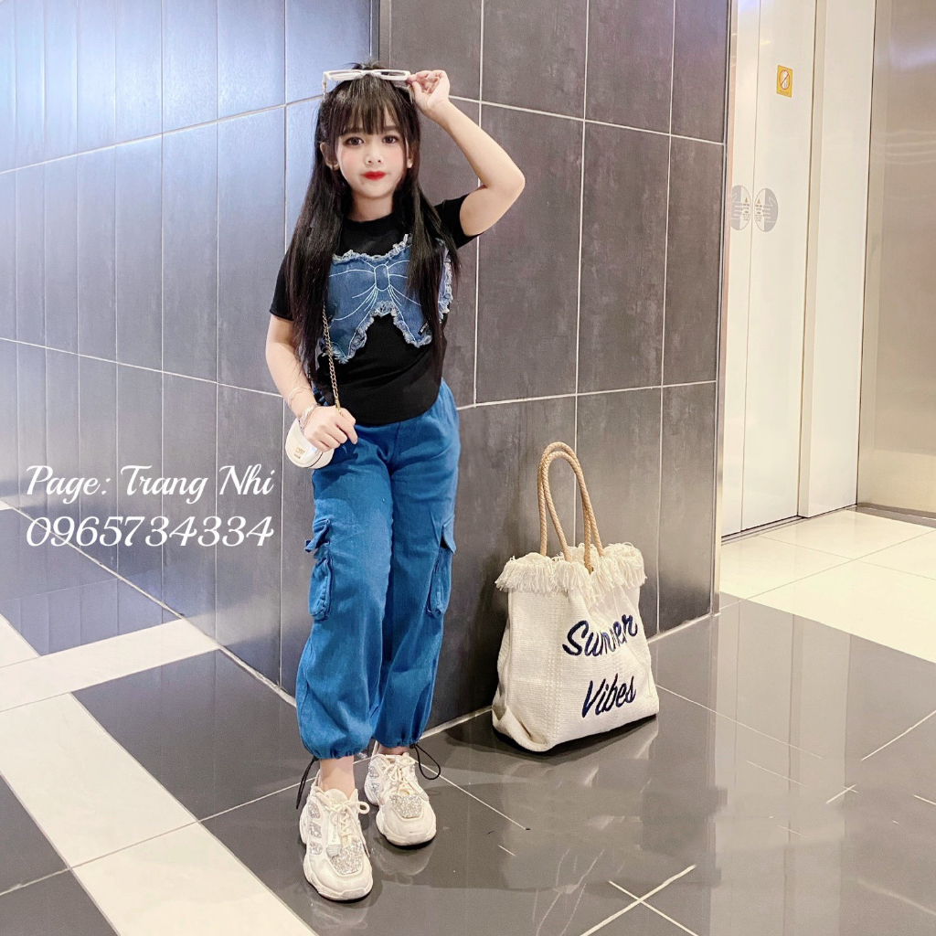 Sét quần jeans túi hộp bé gái + áo phông nơ size đại 17-42kg sang chảnh cá tính và năng động