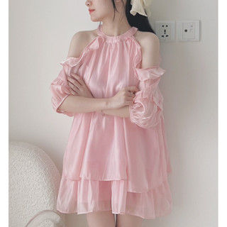  Váy tơ babydoll 2 tầng khoét vai xoè Đầm xoè khoét vai xếp tầng tơ Váy tơ tầng cổ yếm tay bồng hàng 2 lớp 