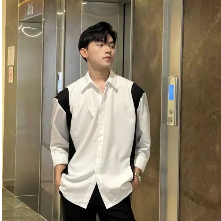 Áo Sơ Mi Nam Dài Tay Phối Màu Trắng Đen Mặc Thoáng Mát Chuẩn Form Hàn