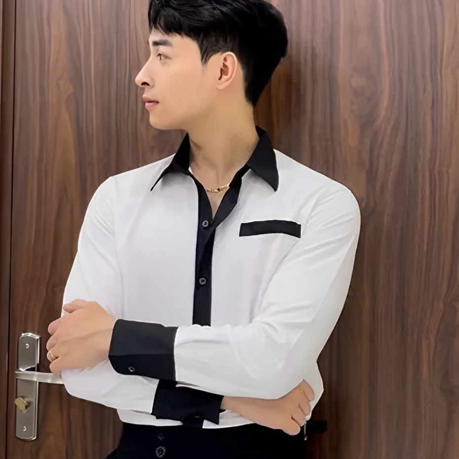Áo Sơ Mi Nam Dài Tay Phối Màu Trắng Đen Mặc Thoáng Mát Chuẩn Form Hàn