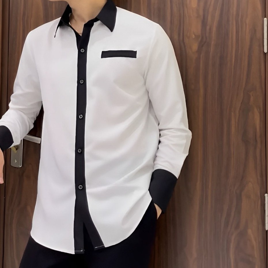 Áo Sơ Mi Nam Dài Tay Phối Màu Trắng Đen Mặc Thoáng Mát Chuẩn Form Hàn