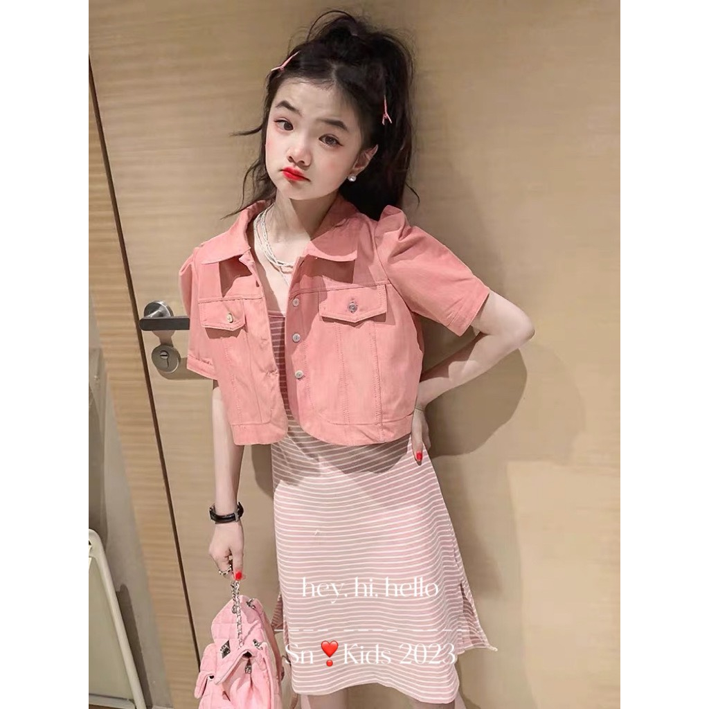 Váy bé gái, set váy 2 dây kẻ hồng chất zip cotton kèm áo khoác kaki mềm mại cho bé 12-30kg