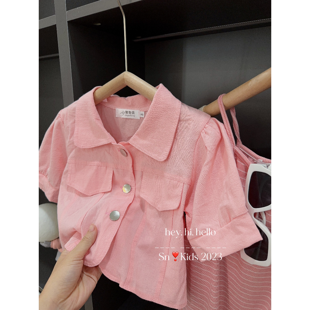 Váy bé gái, set váy 2 dây kẻ hồng chất zip cotton kèm áo khoác kaki mềm mại cho bé 12-30kg