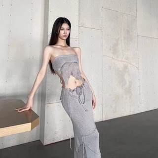 B025 Set Croptop buộc dây quyến rũ chân váy đan len dài ôm body tôn dáng phong cách sexy