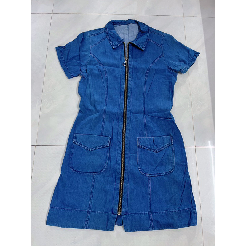 (ảnh thật tự chụp) Đầm suông nữ jeans mềm 2 màu cộc tay cổ sơ mi