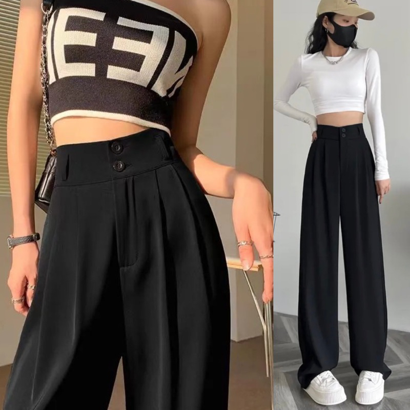 Quần Ống Rộng Lưng Cao 2 Khuy Dáng Dài Cạp Cao 7 Phân Siêu Hot_018