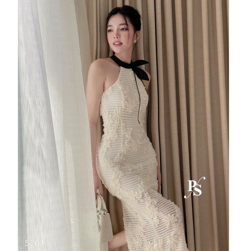 Đầm nữ cổ yếm dáng dài màu kem phối cổ đen chất ren đính hoa tiểu thư sang chảnh đi chơi dự tiệc cưới nữ tính LEVAN