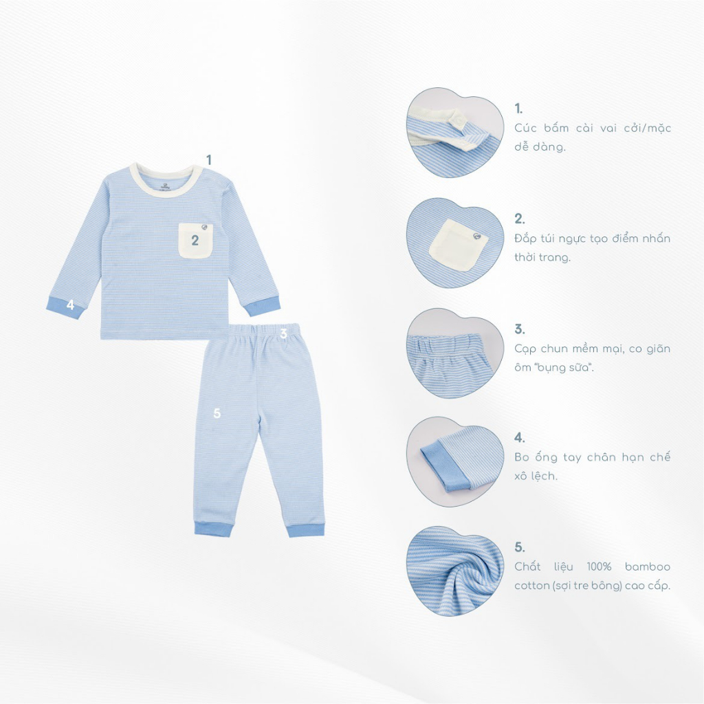 Bộ quần áo dài tay Bamboo cotton Bu, Bubaby  cho bé 6m - 4Y