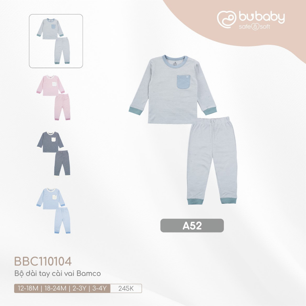 Bộ quần áo dài tay Bamboo cotton Bu, Bubaby  cho bé 6m - 4Y