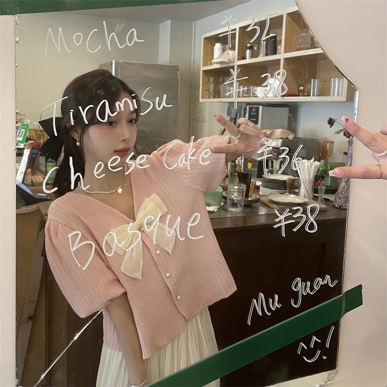 Áo Sơ Mi Ngắn Tay Ruby Đính Nơ Cổ, Áo Sơ Mi Crotop Màu Hồng Nhẹ Nhàng Quyến Rũ