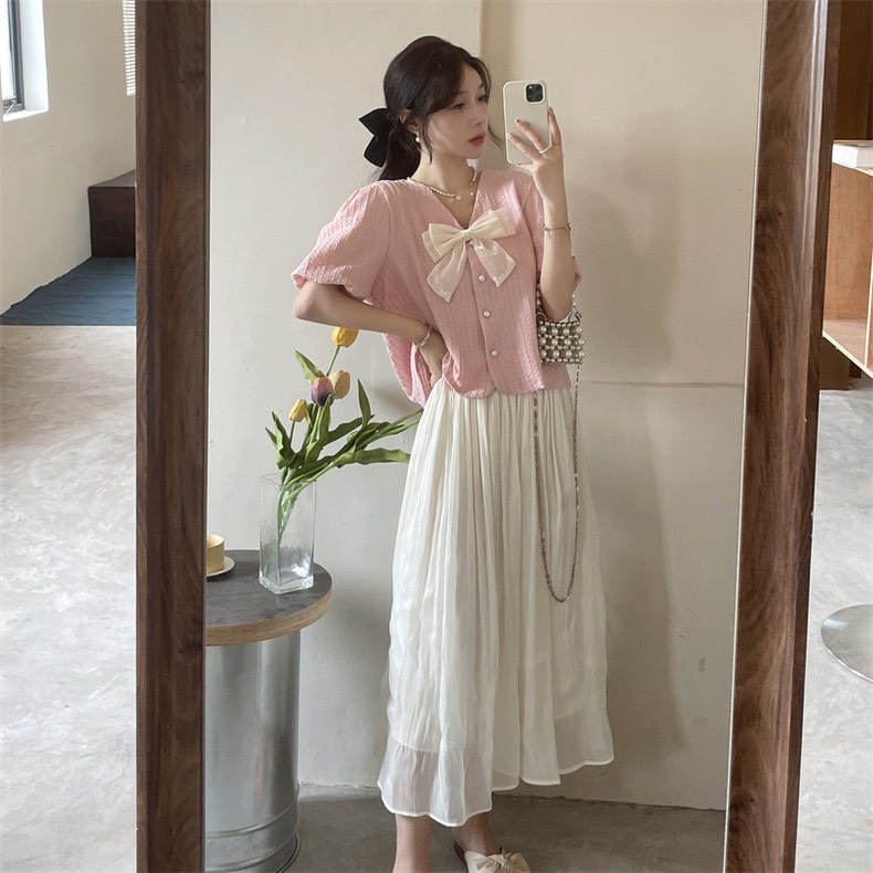 Áo Sơ Mi Ngắn Tay Ruby Đính Nơ Cổ, Áo Sơ Mi Crotop Màu Hồng Nhẹ Nhàng Quyến Rũ