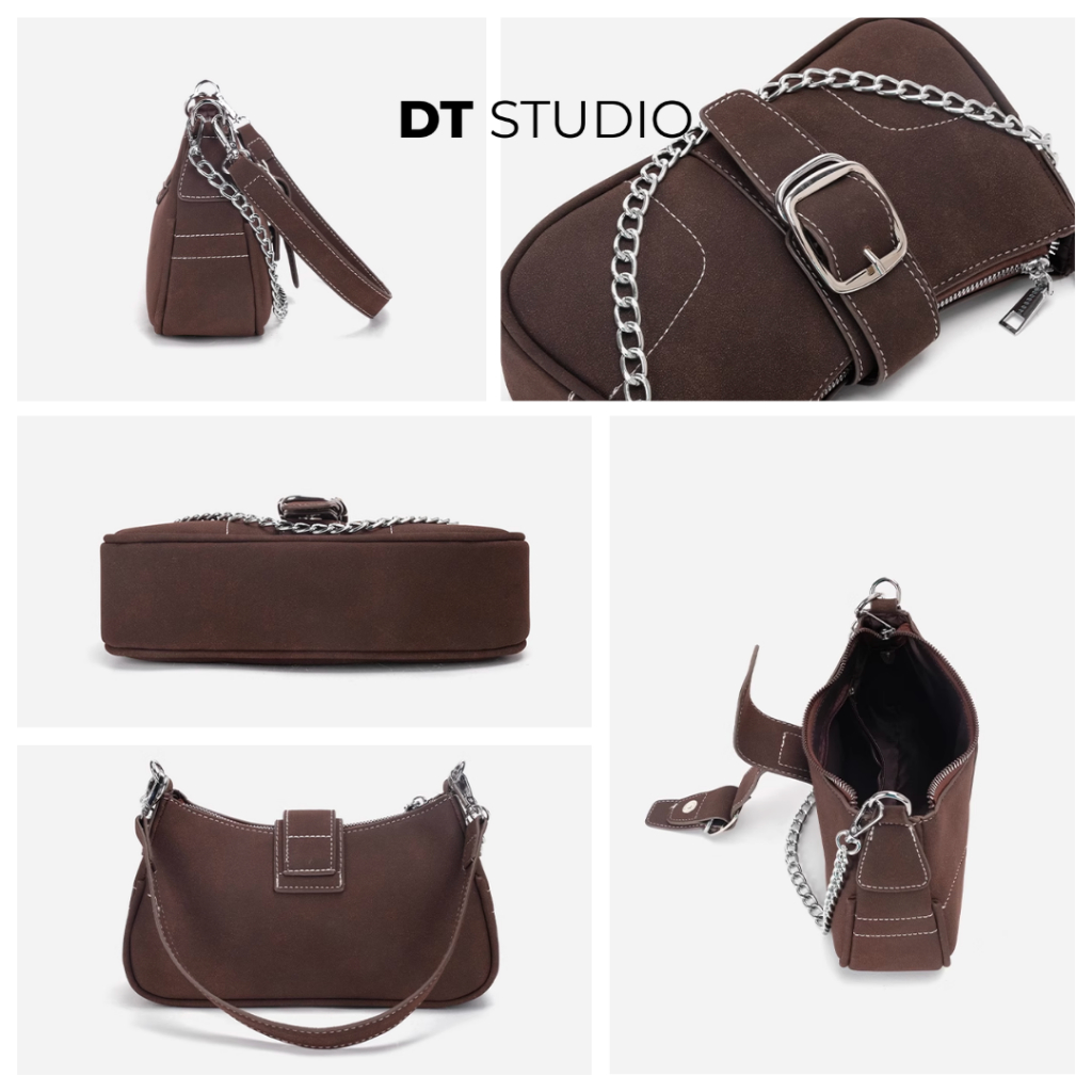 Túi đeo vai y2k da lộn túi sát nách dây xích túi xách nữ retro cao cấp DT016