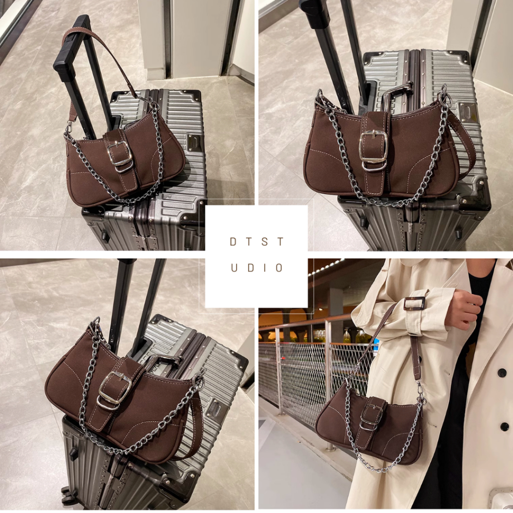 Túi đeo vai y2k da lộn túi sát nách dây xích túi xách nữ retro cao cấp DT016