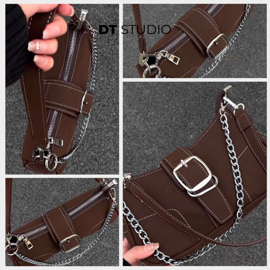 Túi đeo vai y2k da lộn túi sát nách dây xích túi xách nữ retro cao cấp DT016